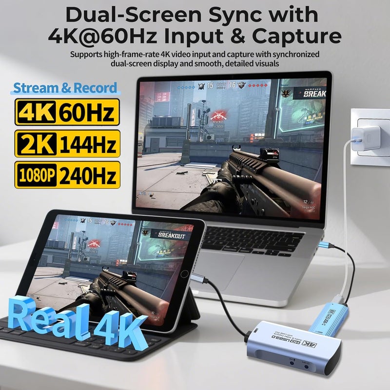 Guermok 4K@60FPS Capture Card for Streaming & Recording, 1080P@240FPS, USB 3.0 HDMI Camera Video Capture, 4K60 Passthrough, 3.5mm Audio in & Mic Out, Works with Switch 2/1, PS5/4, Xbox, Pad, Mac, PC - Image 4